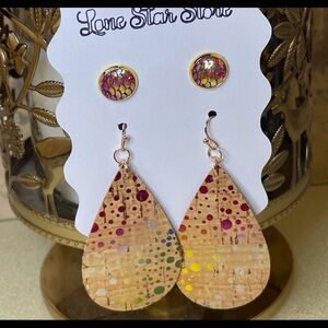 Faux Cork Teardrop Earrings with Beautiful Mermaid Scale Studs